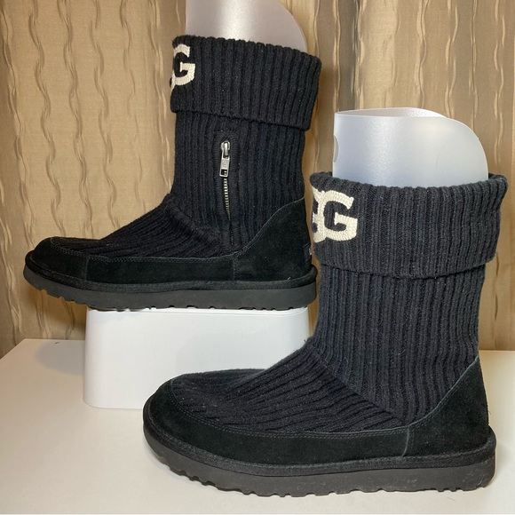 UGG Black Knit Women's 10 Side Zip Mid-Calf 1105709 Pull On Winter Boots - Picture 5 of 16